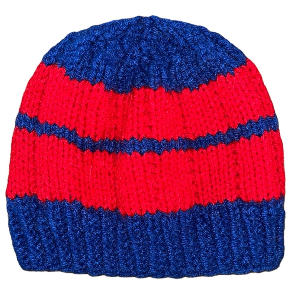 NEW Hand Knit Red Blue Baby Beanie sz 3-6 mos Cubs Bills